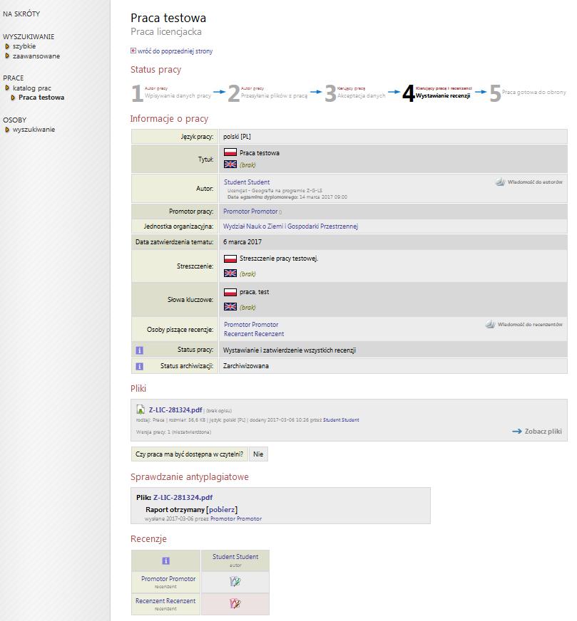 Wystawianie recenzji Po wybraniu zadania pojawi się strona pracy, zawierająca wszystkie inf