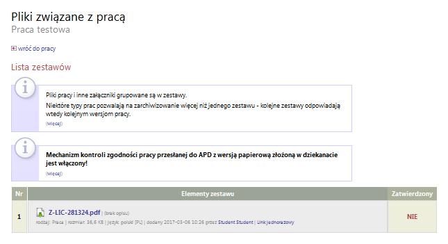 Po kliknięciu w przycisk zobacz pliki pojawi się strona Pliki związane z pracą zawierająca listę plików wraz z ich opisem.