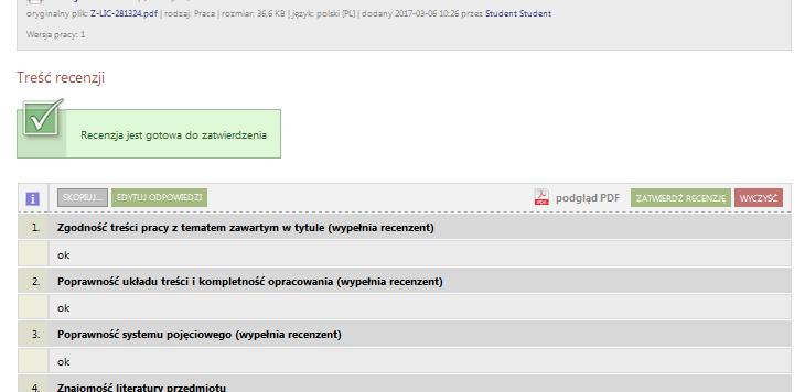 Aby zakończy edycję recenzji należy kliknąć Zapisz i zakończ edycję. Pojawi się wtedy ekran Szkic recenzji.