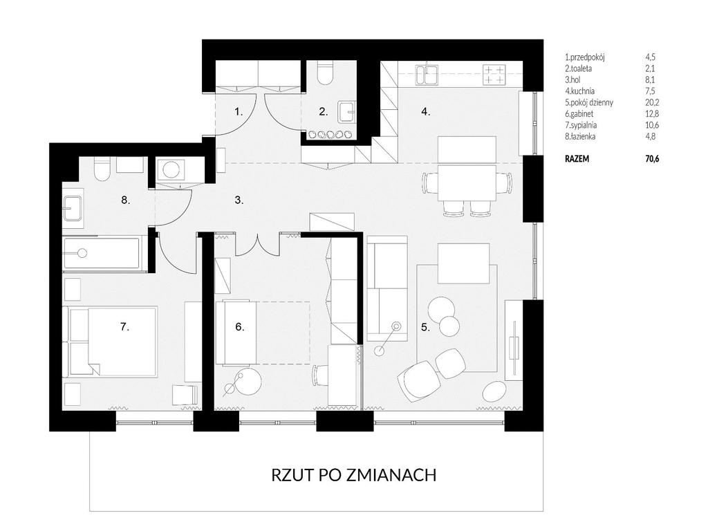 WNĘTRZE MIESZKALNE 01 WARSZAWA MOKOTÓW 71M2 Mieszkanie zlokalizowane w nowoczesnym apartamentowcu na warszawskim Mokotowie składa się z salonu połączonego z kuchnią, sypialni, gabinetu, łazienki i