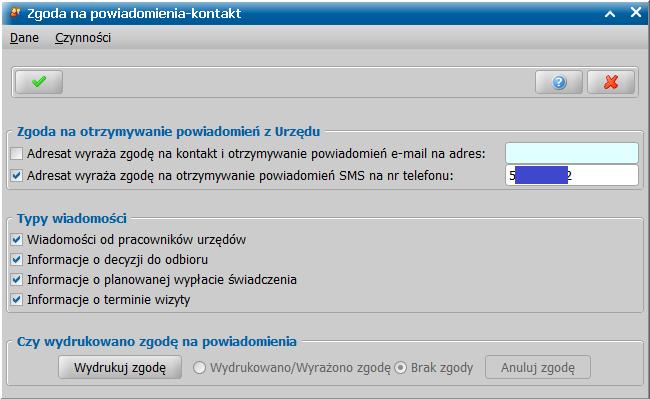 W sekcji Zgoda na otrzymywanie powiadomień z Urzędu należy zaznaczyć formę kontaktu, na którą wyraziła zgodę dana osoba oraz podać adres e-mail i/lub numer telefonu, na który mają być wysyłane