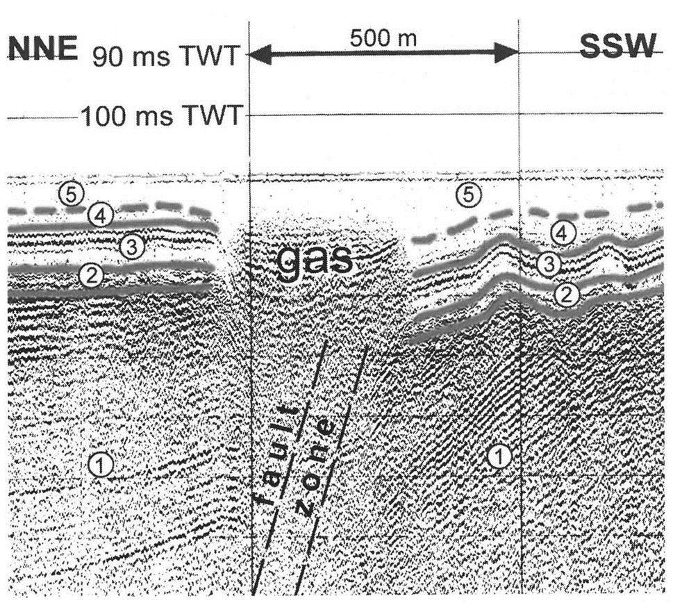 gazem deformations within the Cretaceous bedrock and the bottom soft sediments deposits saturated with gas are located within