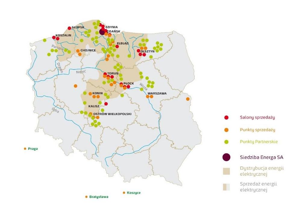 Rys. 5: Rozmieszczenie Salonów Sprzedaży i Punktów Partnerskich spółki ENERGA-OBRÓT SA Segment Sprzedaż posiada bogate portfolio produktowe odpowiadające potrzebom konkretnych grup klientów.