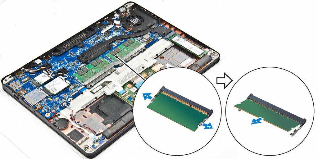 3. Odciągnij zaciski mocujące moduł pamięci, aż moduł odskoczy [1]. 4. Wyjmij moduł pamięci z płyty systemowej [2]. Instalowanie modułu pamięci 1.