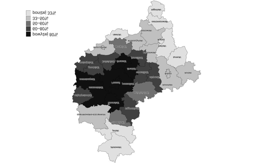 Szkolnictwo wyższe 69 Ryc. 30. Studenci kształcący się w Poznaniu jako procent studentów pochodzących z powiatów województwa wielkopolskiego Źródło: opracowano na podstawie Herbst (2009).