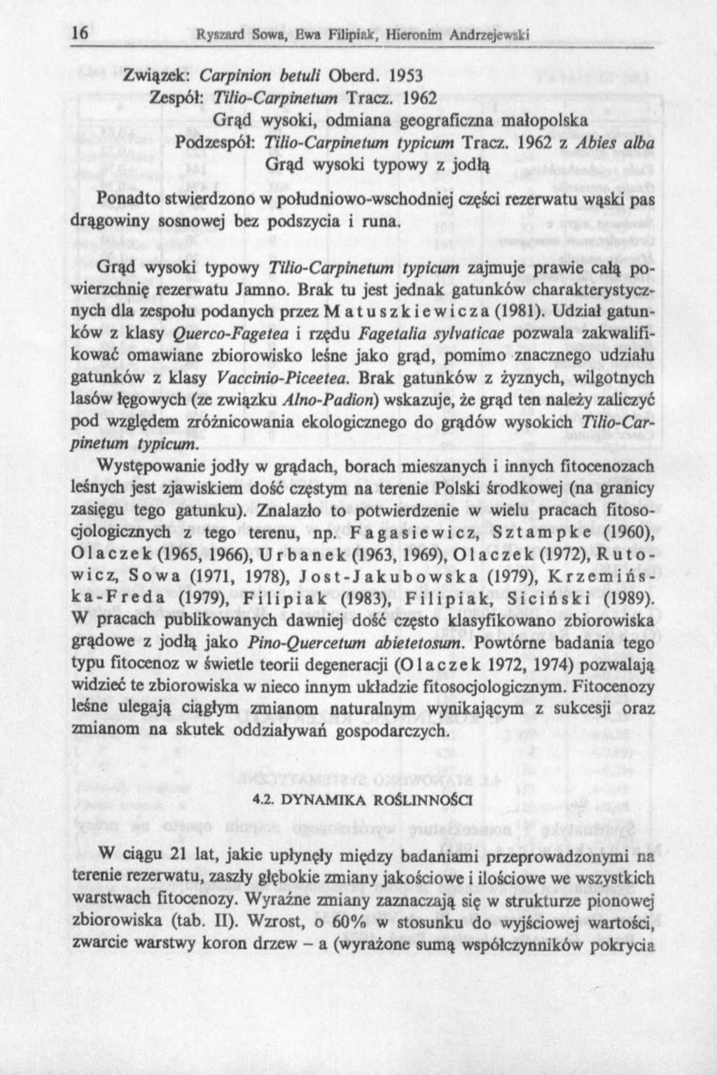 Związek: Carpinion betuli Oberd. 1953 Zespół: Tilio-Carpinetum Tracz. 1962 Grąd wysoki, odmiana geograficzna małopolska Podzespół: Tilio-Carpinetum typicum Tracz.