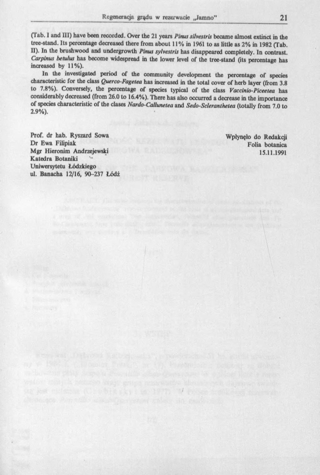 (Tab. I and III) have been recorded. Over the 21 years Pinus silvesiris became almost extinct in the tree-stand. Its percentage decreased there from about 11% in 1961 to as little as 2% in 1982 (Tab.