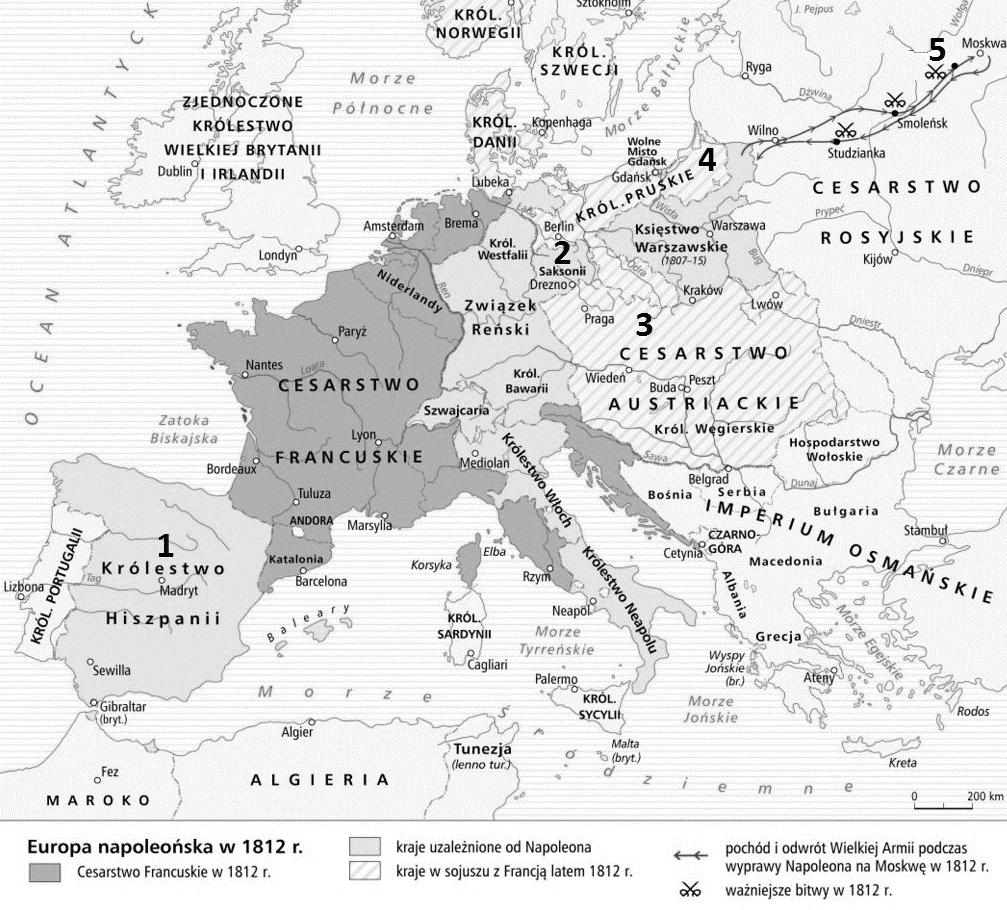 Zadanie 9. (0 3) Źródło: CARTE, http://wlaczpolske.pl Określ, gdzie rozegrały się podane bitwy. Do każdej z nich dopisz odpowiadający jej numer zaznaczony na mapie. Bitwa pod A. Somosierrą.. B. Frydlandem.