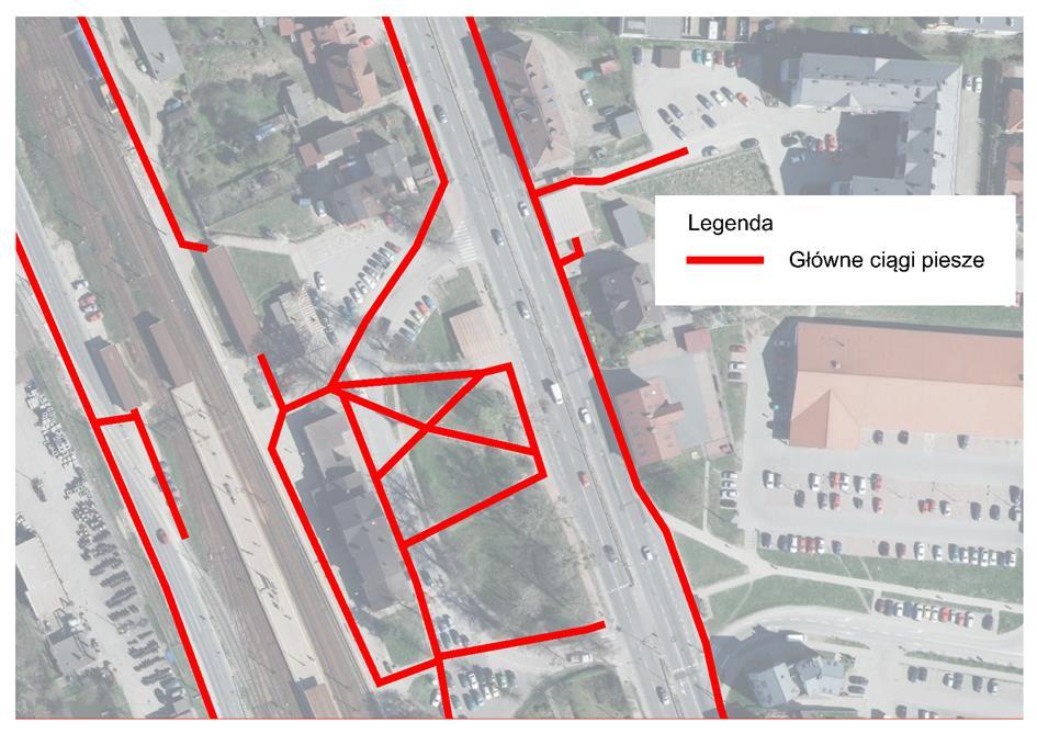 Rys.4.5 Główne ciągi piesze w obszarze dworca kolejowo Ciągi piesze w obrębie budynku dworca oraz wzdłuż ul.