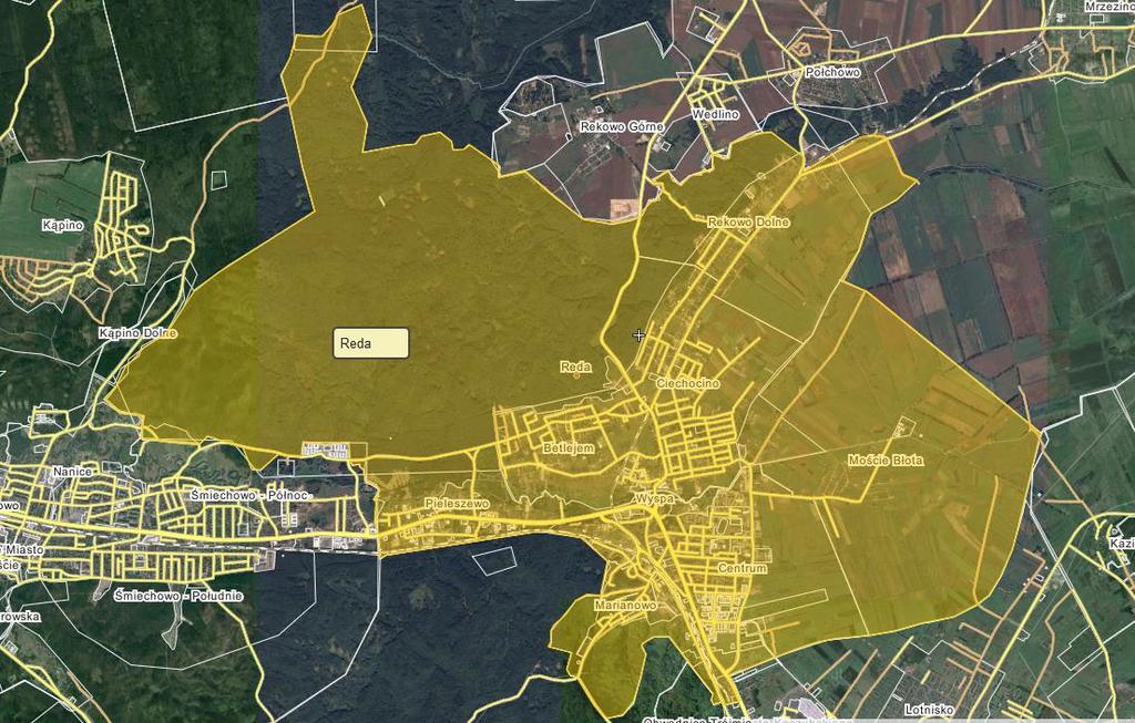 Rys. 6.10 Dzielnice miasta Reda oraz okoliczne miejscowości [źródło: www.wikimapia.org] Zamieszczono tabelę z wynikami ankiety dla 6 godzin badania. Tablica 6.