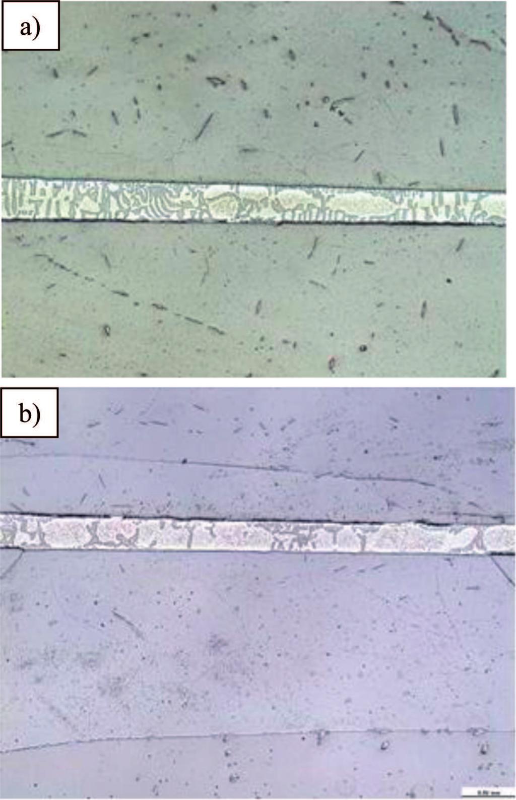 Structures of Fe86Al14 alloy joints brazed with B-Ag72Cu-780 filler metal in the following brazing conditions: a) 1000 C/300 min, b) 1150 C/120 min (etch.