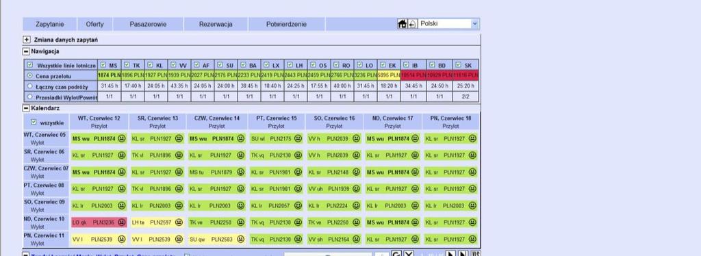 2.3.5 Kalendarz Jeśli wybierzecie Państwo zapytanie z tzw. elastycznością daty podróży, wszystkie taryfy zostaną przedstawione w formie kalendarza.
