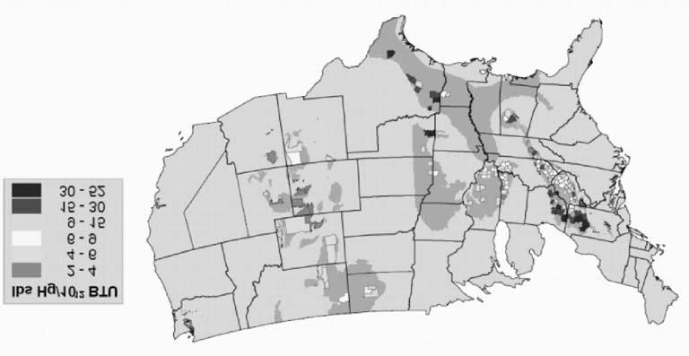 Rys. 3. Zmiennoœæ geograficzna wystêpowania rtêci w wêglu i miejsca potencjalnej emisji ród³o: [8] Fig. 3. Geographic variation of mercury occurrence in U.S.