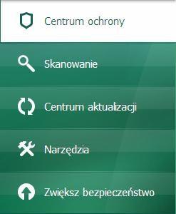 OKNO GŁÓWNE KASPERSKY ANTI-VIRUS Okno główne aplikacji zawiera elementy interfejsu oferujące dostęp do wszystkich głównych funkcji programu.