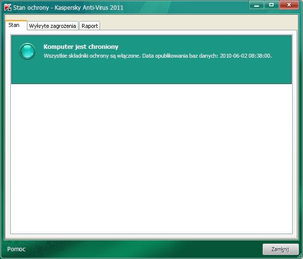Po kliknięciu wskaźnika znajdującego się w oknie głównym aplikacji zostanie otwarte okno Stan ochrony (zobacz rysunek poniżej), w którym znajdują się szczegółowe informacje dotyczące stanu ochrony