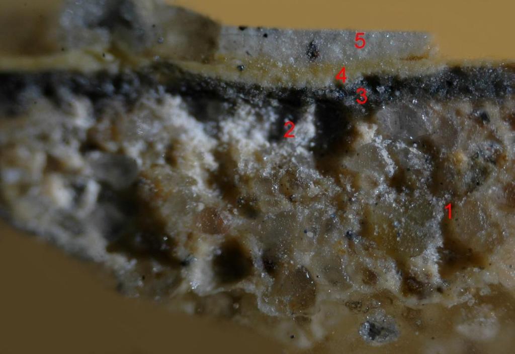 Tabela 2. Przekrój poprzeczny próbki nr 1 z odkrywki E2. Nr warstwy Faza Datowanie Charakterystyka Kolor chronologiczna warstwy 1 I Tynk Beżowy 2 I Koniec XIX wieku?