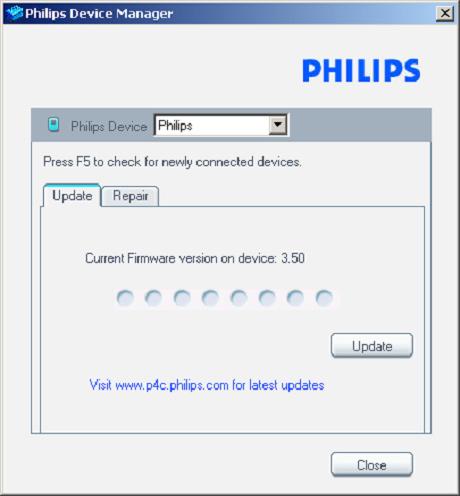 Program Philips Device Manager umożliwia sprawdzenie, czy w Internecie jest dostępna aktualizacja oprogramowania sprzętowego.