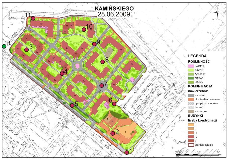 Kamińskiego 44,5% 4 bp - wąskie przejście między blokami 5 drzewa - niewysokie, na brzegu osiedla 6 trawnik - S bloku 7 asfalt - duży wewnątrz osiedla 8 trawnik duży, w obniżeniu, w dużej