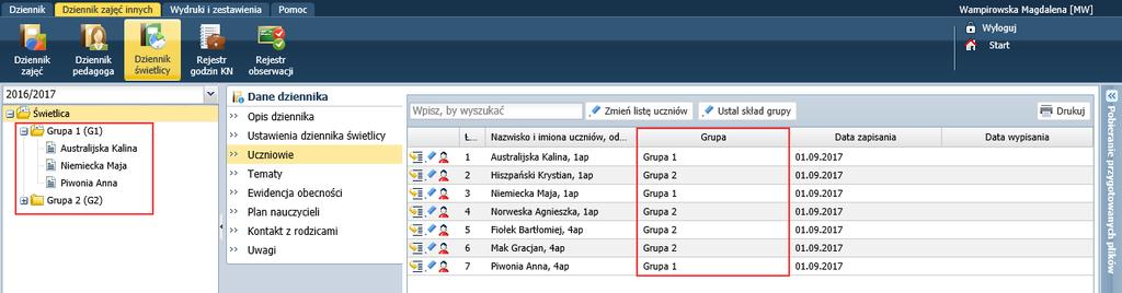 UONET+. Prowadzenie dziennika świetlicy 11/28 Po przypisaniu wszystkich uczniów do odpowiednich grup świetlicowych, gałąź Uczniowie bez przypisania do grup nie będzie widoczna w drzewie danych.