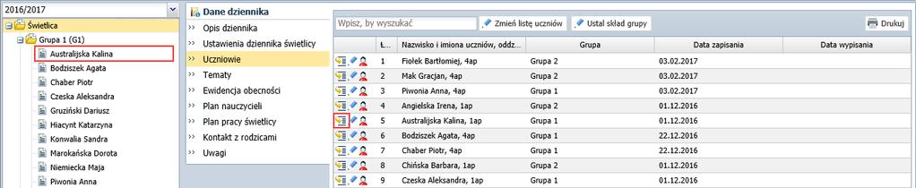 UONET+. Prowadzenie dziennika świetlicy 12/28 Kartoteki dzieci przypisanych do dziennika świetlicy Z poziomu dziennika świetlicy można wyświetlić kartotekę każdego dziecka.