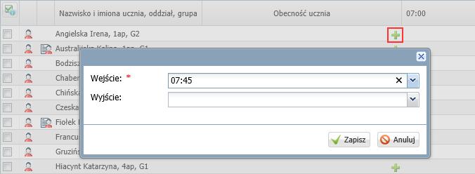 Wpis pojawi się w tabeli, w wierszu ucznia z zastosowaniem odpowiedniej prezentacji graficznej. W kolumnie Obecność ucznia wyświetli się odpowiedni przedział czasu na kolorowym pasku.