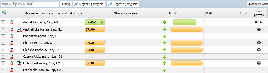 wybrać spośród tych, którzy mają otwarte wpisy. 2. Kliknij przycisk Rejestruj wejście (lub Rejestruj wyjście) i w wyświetlonym oknie wprowadź godzinę. 3. Kliknij przycisk Zapisz.