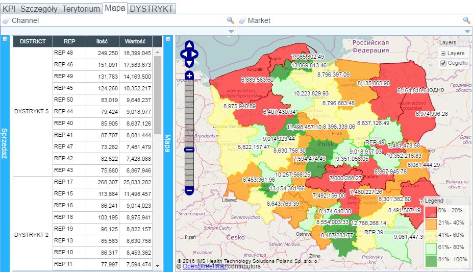 komputerach oraz urządzeniach mobilnych Wizualizacje danych przy użyciu map podział cegiełkowy lub terytorialny Raporty bazujące na