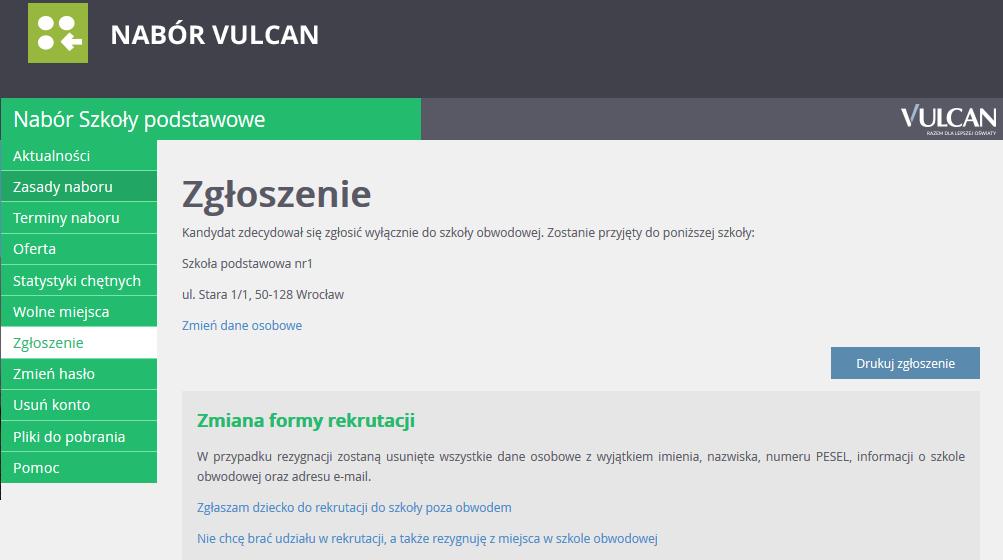 Zmiana decyzji oraz podstawowych danych dziecka będzie możliwa po zalogowaniu i kliknięciu pozycji menu: Zgłoszenie.