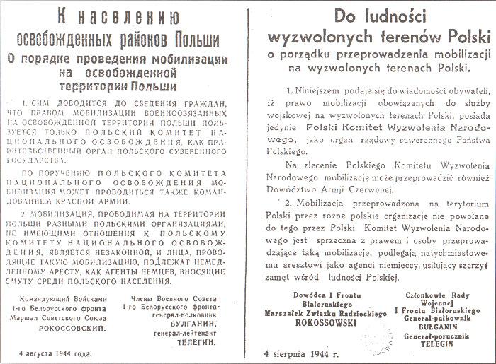 Slika 27: Dvojezično obvestilo poveljnika 1. Beloruske fronte maršala Konstantija Rokossovskega o prepovedi mobilizacij do»različnih poljskih organizacij«.