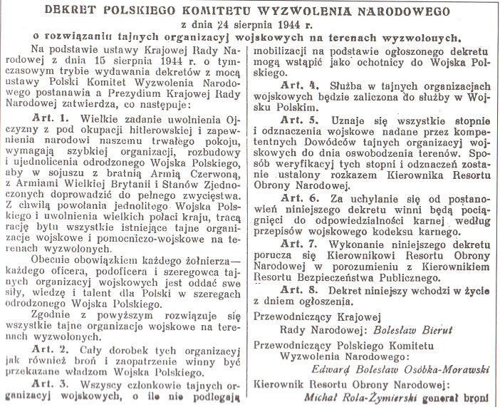 Slika 28: Dekret PKWN,»o razpustu tajnih vojaških organizacij na osvobojenih območjih«, ki je bil izdan 26. 8. 1944. (»Dziennik Ustaw RP«, Lublin, 31.8.1944, št. 3) 544. Dne 30. 10.