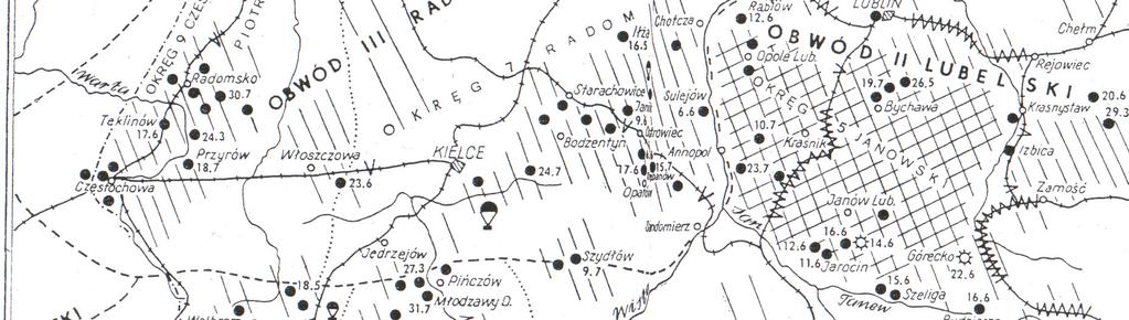 Slika 19: Karta predstavlja najaktivnejša območja delovanja AL med pomladno-poletno ofenzivo sovjetskih sil na Poljskem.
