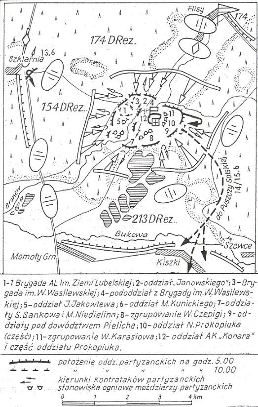 Slika 21: Bitka v Janowskih gozdovih. Razporeditev partizanskih enot med bitko 377.