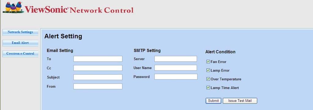 Jeśli projektor jest podłączony do sieci obsługującej protokół SMTP, można go tak skonfigurować, aby wysyłał alerty za pomocą poczty e-mail z
