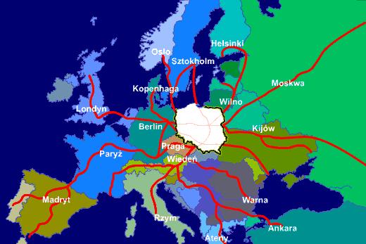 Położenie tranzytowe Polski Położenie geograficzne Polski w Europie Środkowej, dogodny układ krain geograficznych sprawiają, że Polska ma znaczące położenie komunikacyjne w Europie.