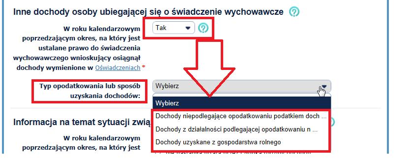 W przypadku wyboru TAK Wnioskodawca określa Typ opodatkowania lub sposób uzyskania dochodów Należy wybrać wartość z zakresu: Dochody niepodlegające opodatkowaniu podatkiem dochodowym od osób