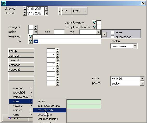 3.5 Zamówienia 57 Rysunek 3.11: Ustawienia selekcji dla analizy zamówień Stan Opcja: zamówienia - stan Zestawienie zamówionych pozycji i niezrealizowanych z tzw. stanu zamówień.