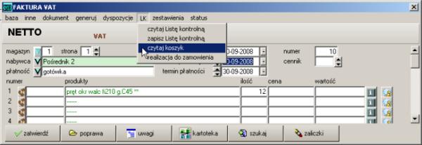 3.8 Towary 67 Wczytywanie koszyka Realizując złożone zamówienie należy wystawić dokument sprzedaży wybierając odpowiednie pozycje z koszyka.