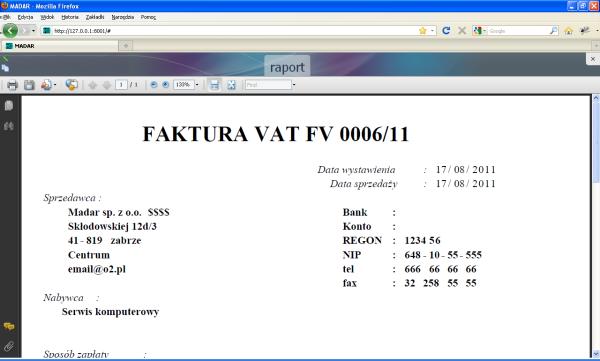 81 Podgląd wydruku Do wprowadzania danych służy specjalne okienko. Rzeczywisty wygląd faktury (taki, jak po wydrukowaniu) można uzyskać po wybraniu z menu górnego opcji baza - podgląd wydruku.