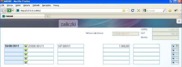 11: Zaliczka - obniżanie FA VAT opcji zaliczki Rozliczenie częściowe zaliczki Może się zdarzyć, że pobrana zaliczka musi zostać rozliczona w kilku fakturach, powodując też różny termin rozliczenia