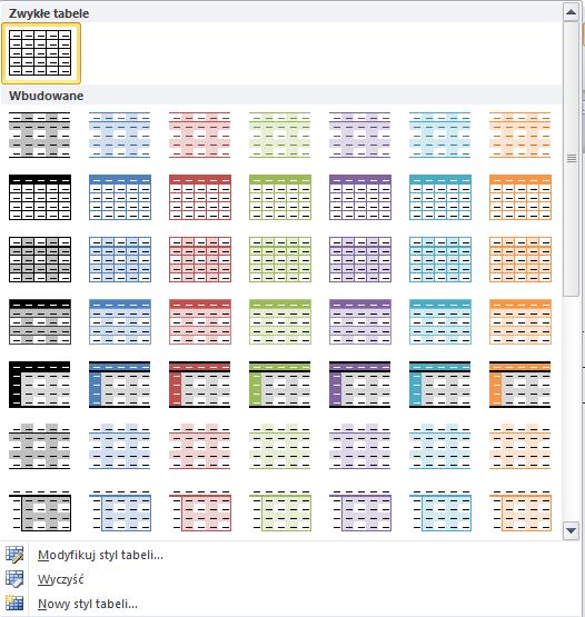 Opcje stylów projektowania tabeli Kliknięcie w