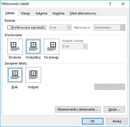 Wiersz, Kolumna, Komórka. Zakładka Tabela umożliwia precyzyjne określenie rozmiarów tabeli, a także jej położenia względem tekstu.