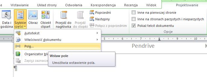 [35/38] WORD Z klawiatury wprowadzamy tekst: Strona robimy spację Na karcie Projektowanie w grupie Wstawianie klikamy strzałkę w polu Szybkie części. stopce Rysunek 77.