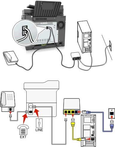 Faksowanie 102 Konfiguracja 3: Usługa telefoniczna VoIP Aby połączyć: 1 Podłącz jeden koniec kabla telefonicznego dostarczonego z drukarką do portu drukarki.