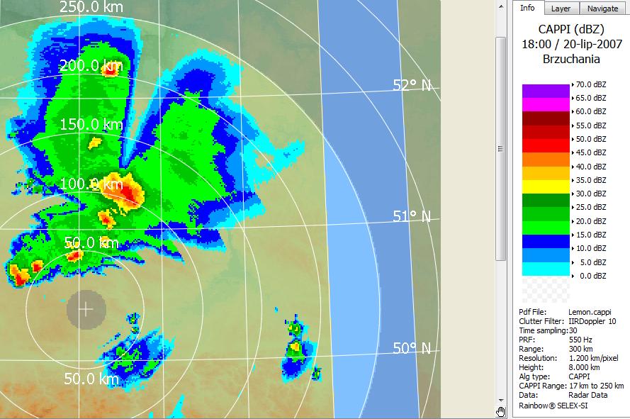 Dość częstym zakłóceniem jest również tłumienie odbiciowości. Jeśli pomiędzy badanym przez nas obiektem meteorologicznym a radarem znajduje się obiekt o silnej odbiciowości (np.