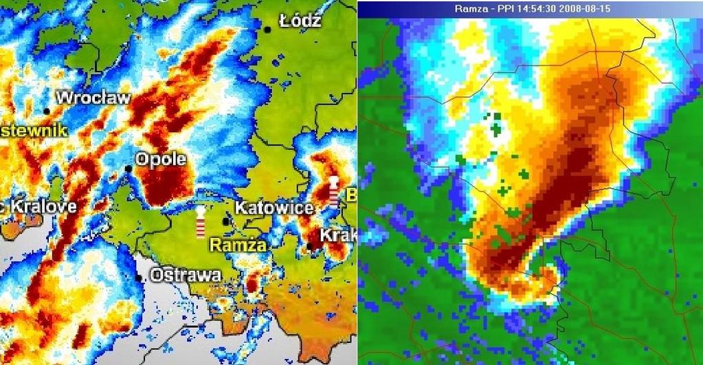 Na ryc. 29. zaprezentowano obrazy tej samej, prawoskrętnej, tornadycznej superkomórki burzowej na produkcie CMAX i PPI z najniższej elewacji.