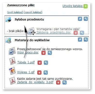 Zamieszczone pliki i linki można dowolnie przenosić pomiędzy folderami lub też przeciągać je wewnątrz katalogu, zmieniając ich kolejność poprzez kliknięcie ich ikony graficznej i przeciągniecie jej w