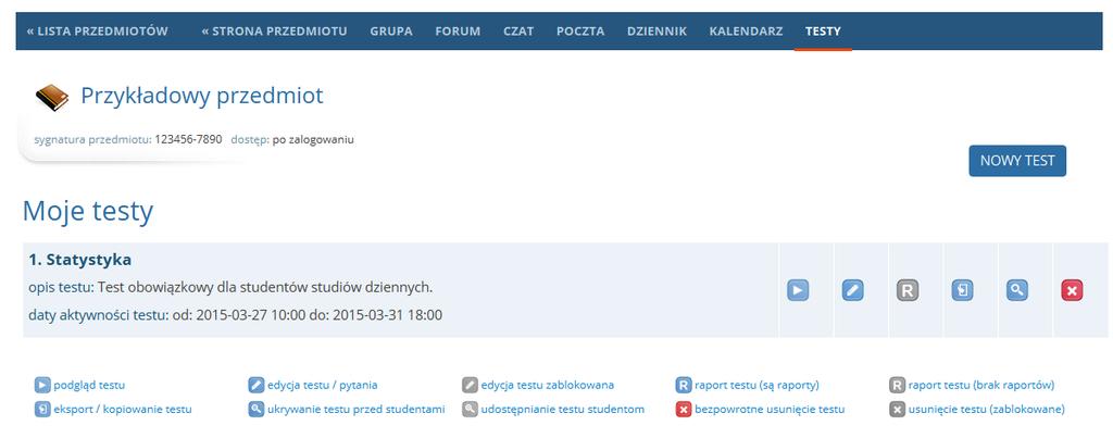 Testy online Testy to funkcja, która umożliwia wykładowcy samodzielną budowę testów składających się z pytań jednokrotnego lub wielokrotnego wyboru.