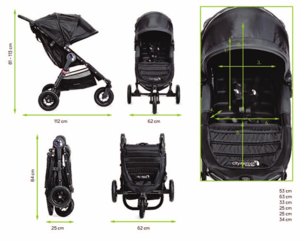 102 cm 100 cm 97 cm 61 cm 80 cm 25 cm 1. Max wysokość pasów ramiennych 2. Wysokość oparcia 3. Szerokość oparcia 4. Głębokość siedziska 5. Wysokość podnóżka 6. Szerokość podnóżka 7.