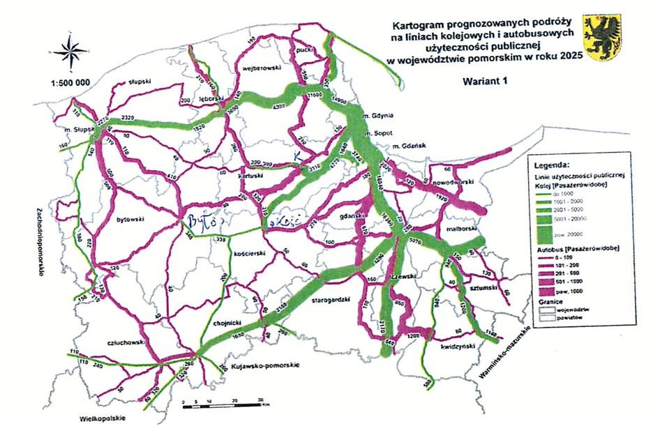 Rys. 6. Kartogramy podróży między powiatowych transportem kolejowym i autobusowym w roku 2025 w województwie pomorskim.