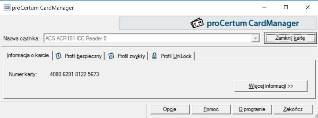 S t r o n a 16 4 Konfiguracja oprogramowania 1. Uruchamiamy aplikację pro CardManager w wersji 3.2.0.151 lub wyższej. Powinno pojawić się okno z nazwą czytnika jak na grafice poniżej: 2.